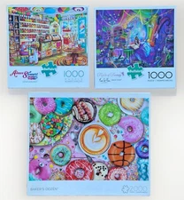 Lot of 3 Whimsical Buffalo Puzzles Bakers Dozen, Corner Candy Store, Magic Study