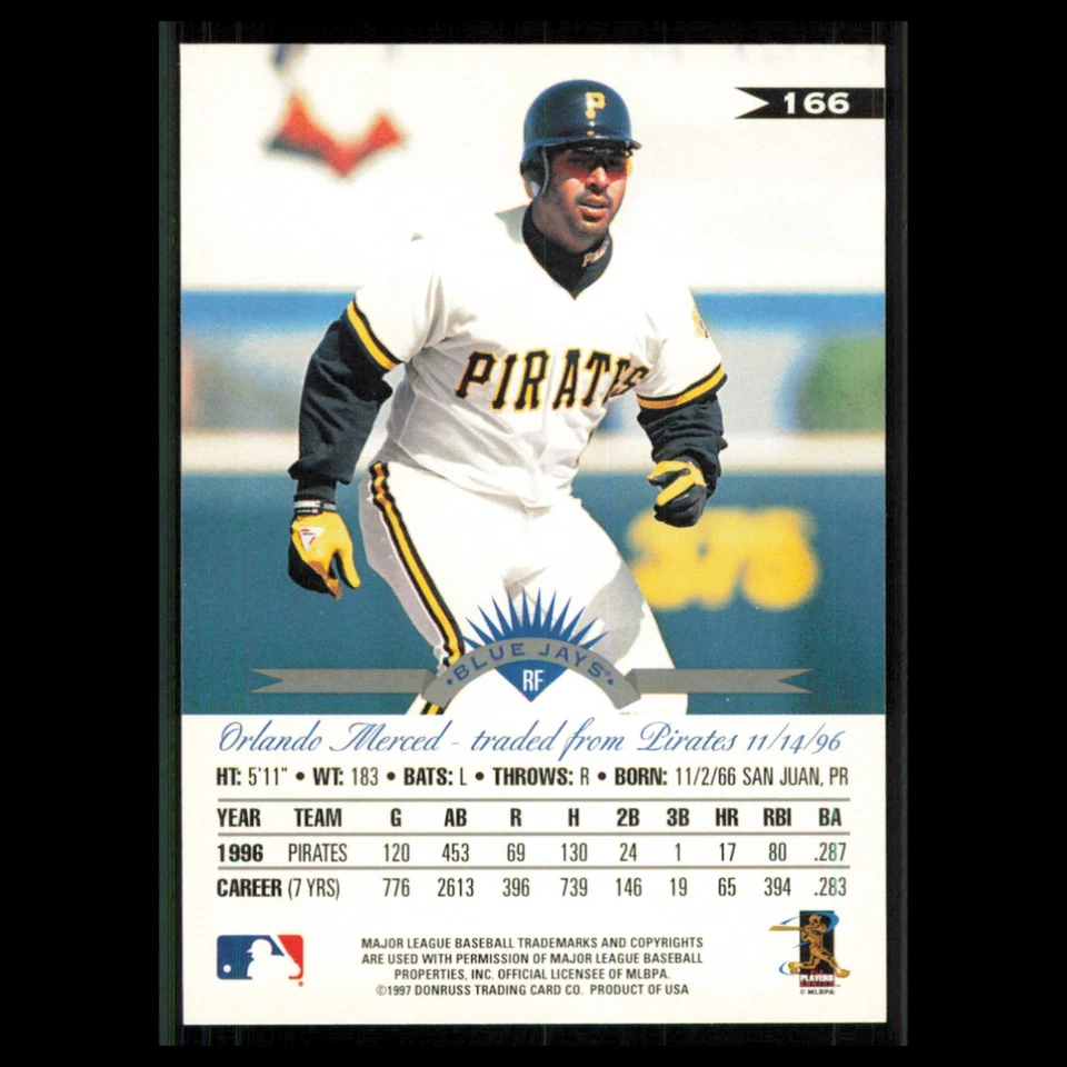 Orlando Merced #166 1997 Leaf Toronto Blue Jays Baseball Card MLB NM - Изображение 2 из 3