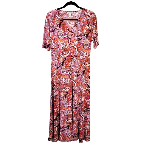 Chaus Dress Women's M Orange Purple Paisley Stretch V Neck Retro 60s 70s Style