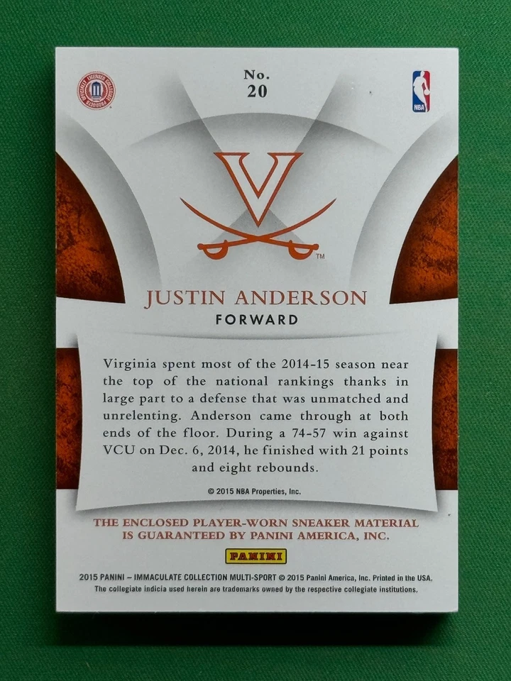 Zapato Panini Immaculate Collegiate Sole of the Game 2015 #20 Justin Anderson/13 Foto 4 de 4