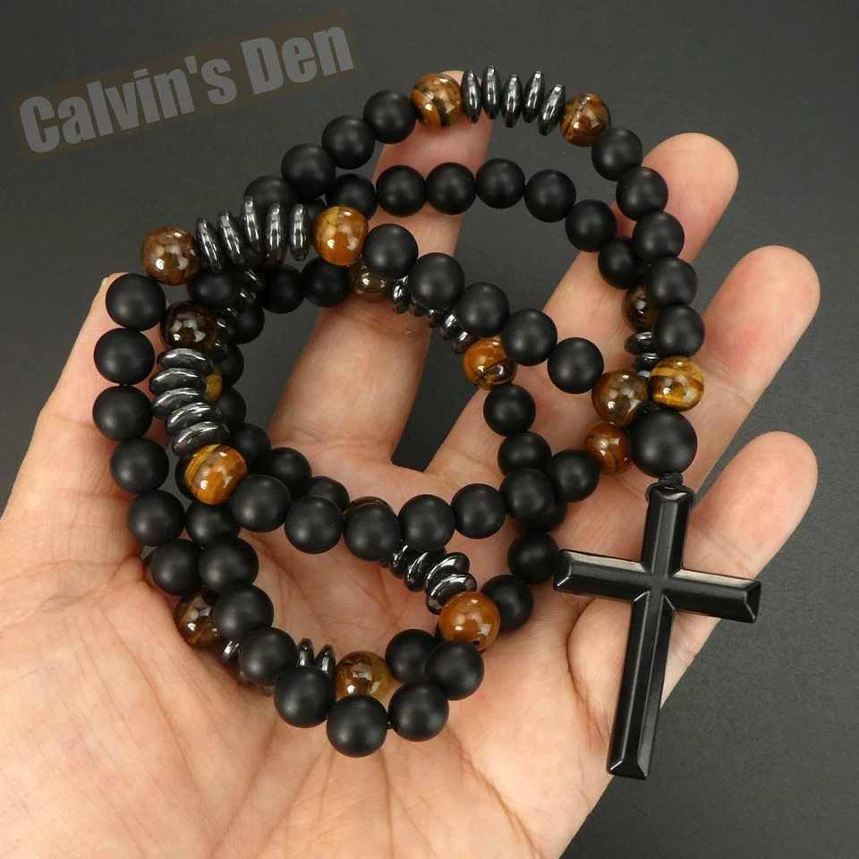 Collar Colgante Cruz Aleación Negra Ojo de Tigre Obsidiana Negra Hombre Mujer Regalo Foto 4 de 4