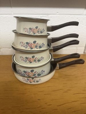 Emaille Blumen Kochtöpfe 4er Set plus Bratpfanne Retro 80 s/70s Style 