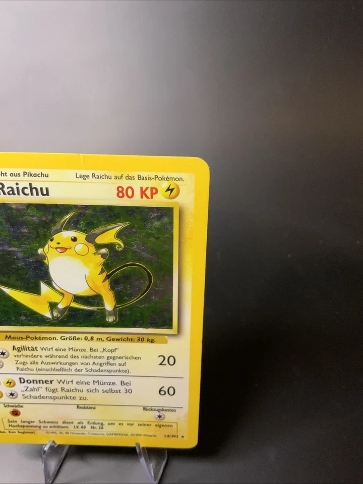 Raichu Holo Base Set 14/102 GERMAN Vintage Pokémon Card 1999 Creased MP WOTC - Image 2 of 4