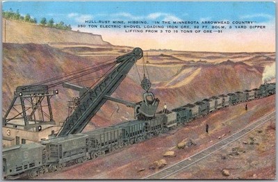 c1940s HIBBING, Minnesota Postcard HULL-RUST MINE / Shovel Loading Iron Ore