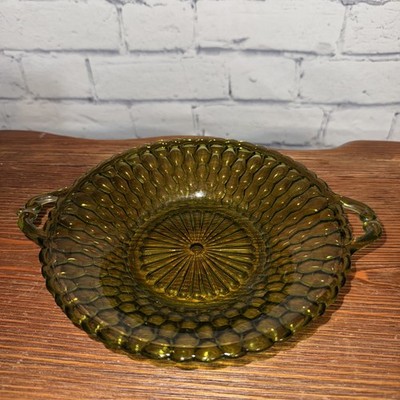 INDIANA GLASS CO. Vintage Avocado Green Diamond Point Bowl 8 