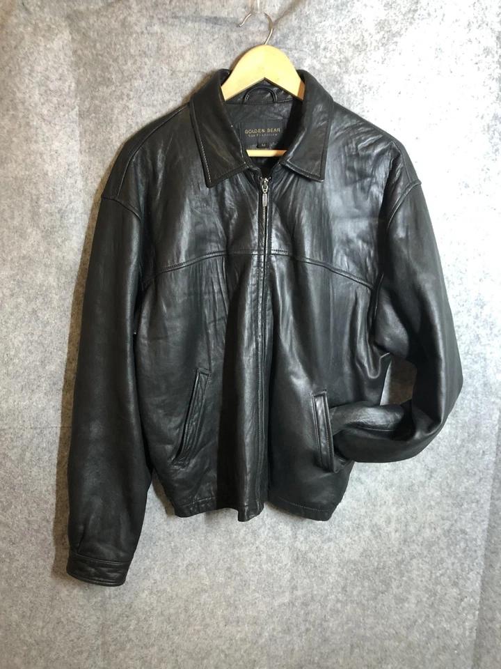 Chaqueta de cuero Golden Bear para hombre mediana negra cremallera frontal abrigo bombardero clásico Foto 2 de 4