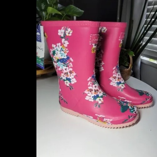 NEW! JOULES WELLIBOB RAIN BOOTS PINK FLORAL Sz 4 Eu 36 Youth - Picture 1 of 9