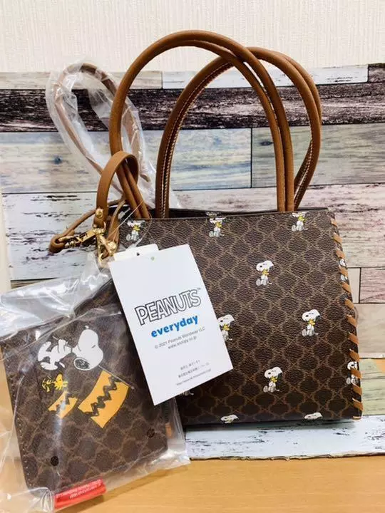 Snoopy 2Way Square Bag Pouch 2 Set Brown Synthetic Leather Shimamura Japan