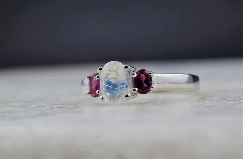 Tourmaline Moonstone Gemstone Women Silver Ring October Birthstone
