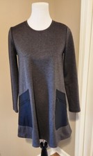 BCBG Maxazria Mini Dress XXS Grey Black Faux Leather Pockets Goth Boho L/S Knit