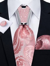 Elegant and Formal Silk Tie with Pocket Square and Cuff Link Set, Pink Paisley