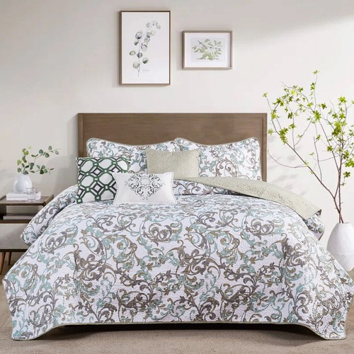 6PC Teal Ravello Scroll Quilt Set Soft Microfiber Reversible Bedspread Queen - Picture 2 of 12