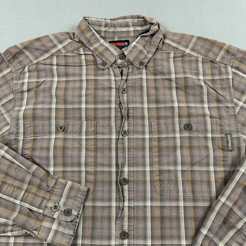 Wolverine Men Shirt M Brown Button Up Plaid Short Sleeve Pocket Logo Casual Work - Image 2 of 4