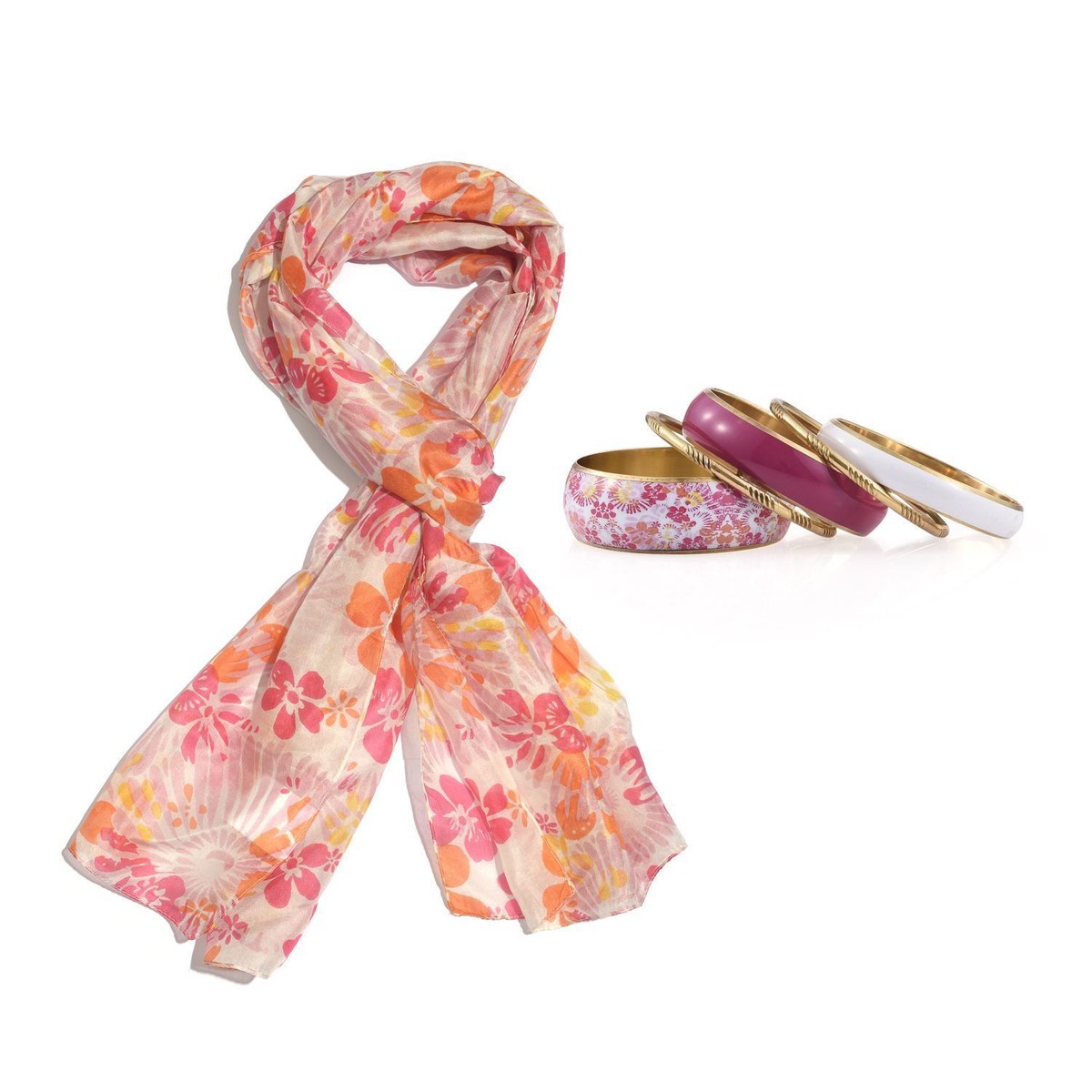 Pink Floral Print 100% Natural Mulberry Silk Scarf & 5
