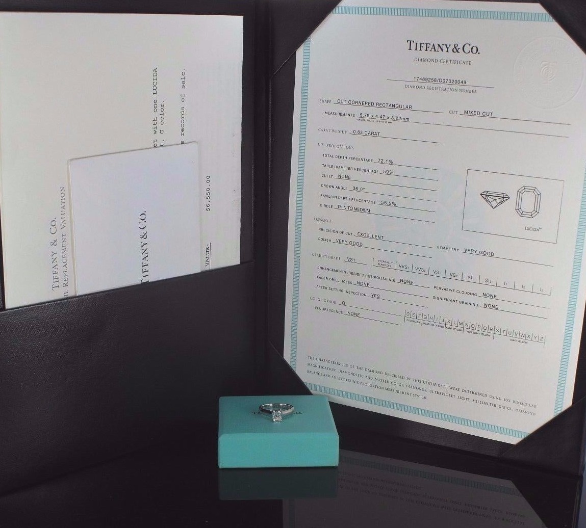 $7,500 Tiffany & Co 0.63ct Lucida G VS1 Radiant Diamond $7,500 Tiffany & Co 0.63ct Lucida G VS1 Radiant Diamond