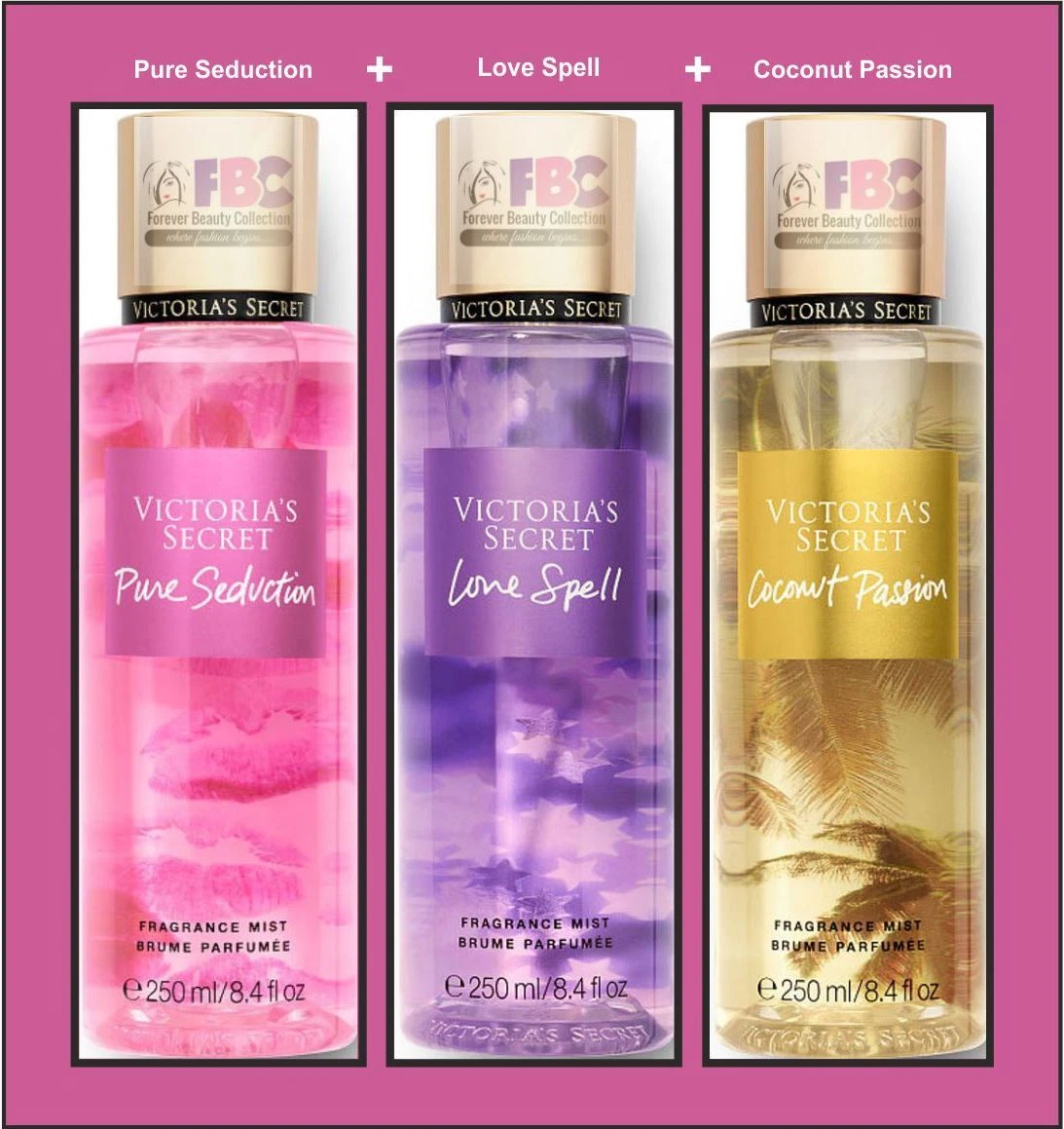 Victoria's Secret Pure Seduction+Love Spell+Coconut Passion Fragrance Mist  Set