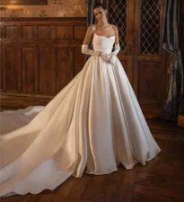 Elegant A Line Wedding Dress Strapless Pleated Backless Satin Bridal Sweep Train