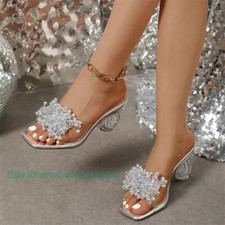 Sandalias para mujer con cuentas flores pantuflas de PVC transparentes tacón alto zapatos de salón