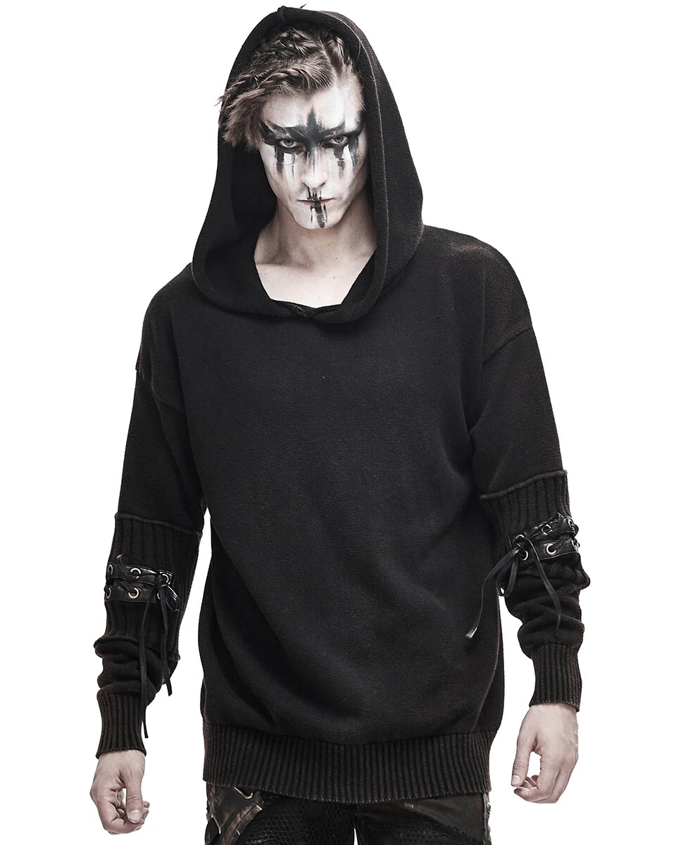 Devil Fashion Mens Dieselpunk Knit Hoodie Sweater Top Brown Black