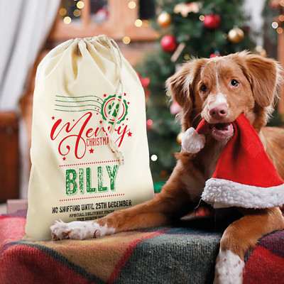 Personalisierter Name Pfote Stempel BAUMWOLLE WEIHNACHTSMANN SACK - Frohe Weihnachten Hund Haustier Geschenke