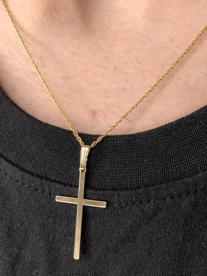 Collar colgante religioso crucifijo cruz oro amarillo 14K sólido real 1/20 en mm Foto 3 de 4