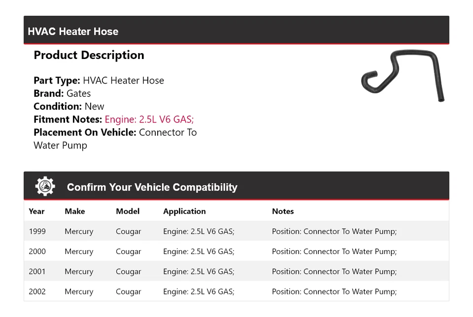 Conector de manguera de calentador de climatización para puertas de bomba de agua Mercury Cougar 1999-2002 2000 Foto 2 de 4