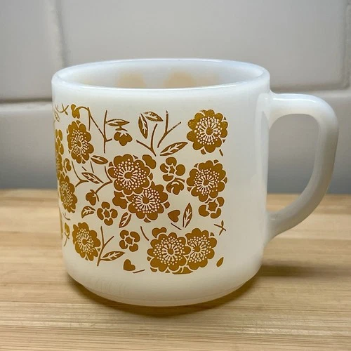 Vintage Fire King Anchor Hocking Milk Glass Cup Mug Honey Gold Floral Flowers