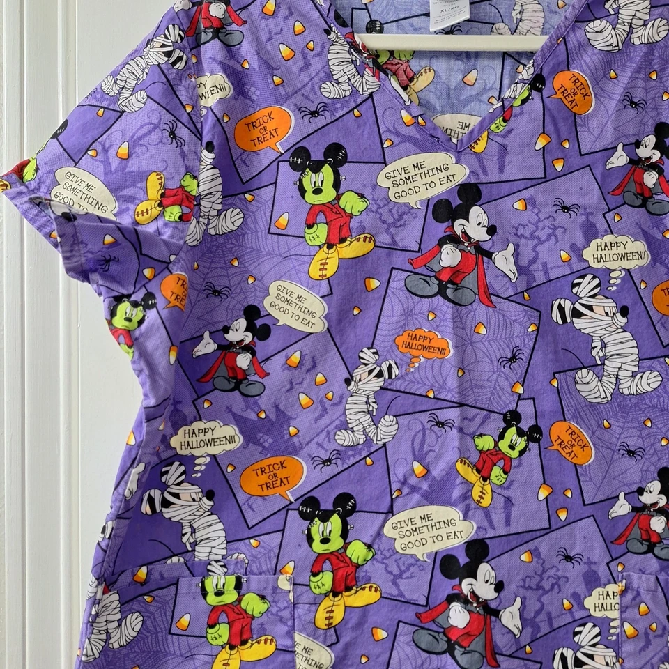 Disney Women Halloween Mickey Mouse V-Neck Scrub Top Size XL Pockets Purple S/S  - Image 2 of 4