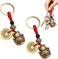 2Pcs Brass Maneki Neko Lucky Cat Feng Shui Coin Keychain Charm
