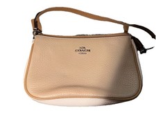 Coach Beige Pebbled Shoulder Bag Silver Hardware Zipper Accent