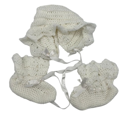 Lot Of 3 Handmade Crochet Baby Girl Ribbon Bonnet & Booties Set White Photoshoot
