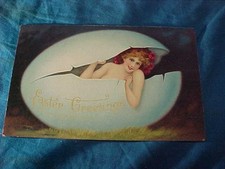 Early 20thc EASTER POSTCARD w SEXY GIRL in EGG Image
