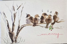 Original Signed Watercolor Painting. 4x 6"  Birds. Christmas. Holly. Merry. 