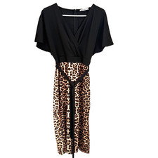 Grace Karin Leopard Print Midi Dress L Surplice V-Neck Flutter Slv Belt Mob Wife