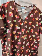 SB Scrubs 3 Pocket Brown Scrub Top with Multi-color Dots Size XL