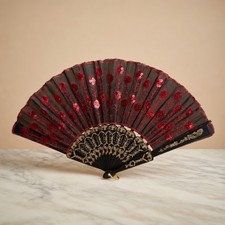 Spanish Black Red Embroidered Sequin Hand Fan 9.5" Artisan Decorative VG