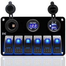 6 Gang Rocker Switch Panel, Blue LED, Aluminum, Marine, 12V-24V