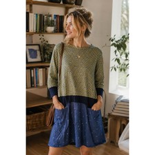 Foil Colorblock Scallop Print Shift Dress Green Navy Pockets 10