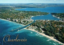 Aerial View of Charlevoix, Michigan, Lake MI, Waterway, Boating etc. -- Postcard