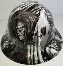 FULL BRIM Hard Hat custom hydro dipped , NEW Black and white ACE OF SKULLS 