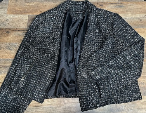 Lane Bryant SZ 28 Women’s Black Tweed Metallic Open Front Zipper Pockets Blazer - Picture 6 of 7