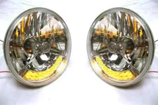 Street Hot Rod 7" Tri Bar Clear Dot H4 Headlights w/ AMBER LED Turn Signals 12v