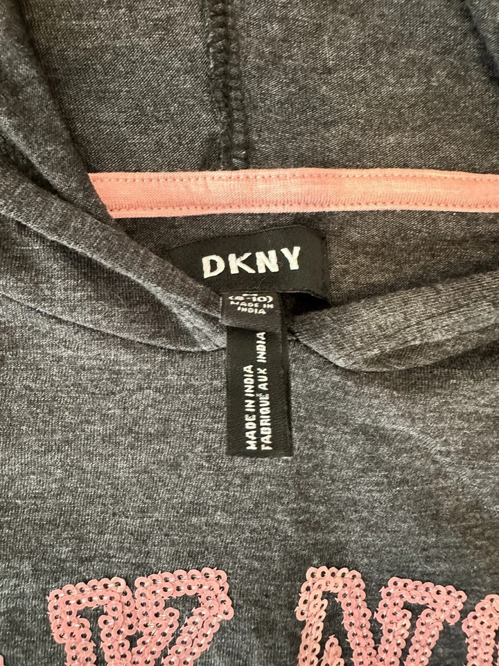 DKNY NWT Girls Tee Top Short Sleeve T-Shirt Logo Hoodie Gray/Pink S M 8-10 - Image 3 of 4