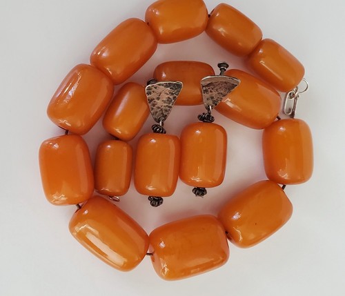 Vintage Butterscotch Amber Bakelite Large Bead Necklace Sterling Earrings 125Gr