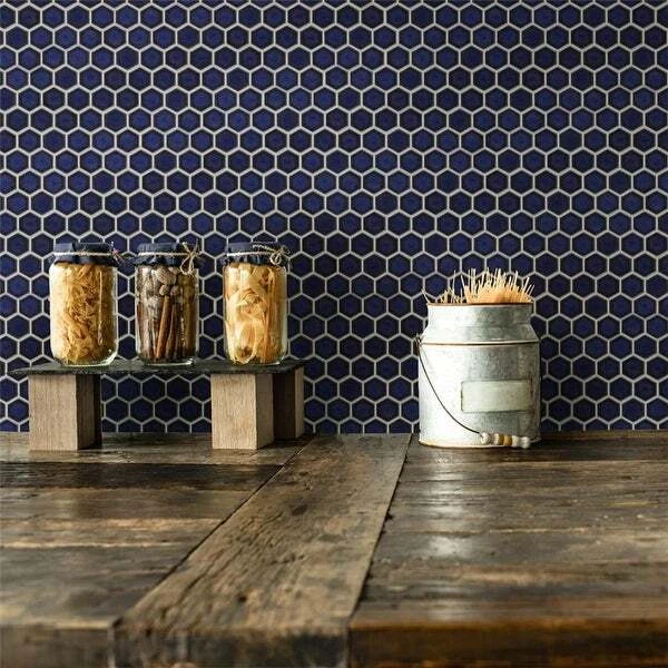 Estuche de azulejos de mosaico de porcelana Tribeca hexagonal 1" cobalto brillante 11"x12" (8,64 pies cuadrados) Foto 3 de 3