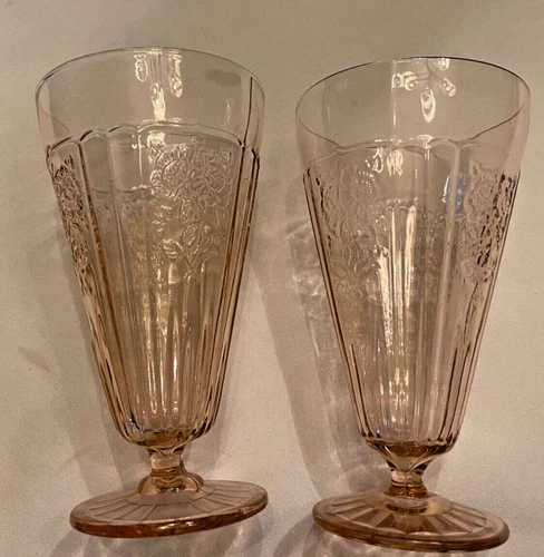 Vintage Set of 2 Depression Pink Mayfair Open Rose 6 3/4" Ice Tea Footed Tumbler
