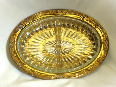 Oval Brass Serving Dish Tray with Divided Glass Insert