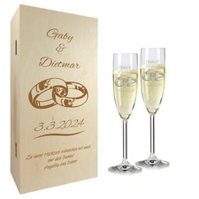 Geschenkset Hochzeit Sektgläser personalisiert Holzbox Ringe 2er