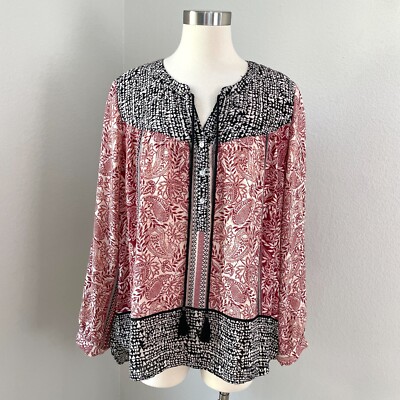 DR2 Daniel Rainn Womens Large Blouse Front Tassel Tie Tunic Top Long Sleeve