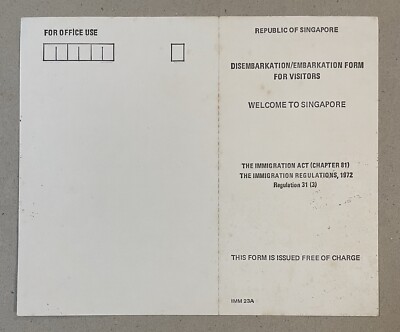 1972 Singapore Immigration Embarkation / Disembarkation card for
